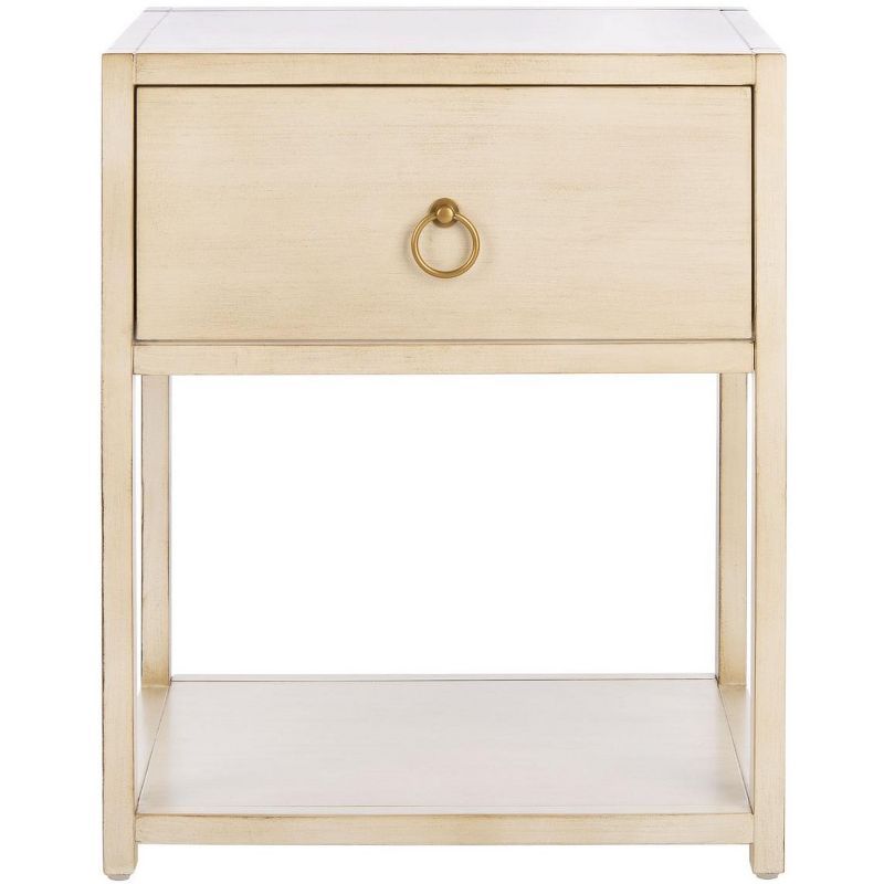 Antique White Acacia Wood Nightstand with Gold Accents