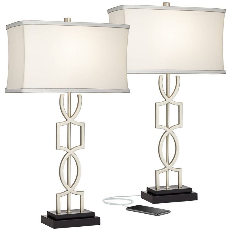 Brushed Nickel Geometric Table Lamps with USB Ports, Set of 2