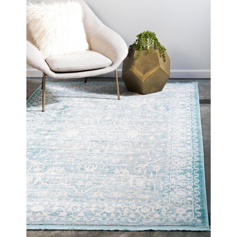 Light Blue and Ivory Abstract Stain-Resistant Rectangular Rug