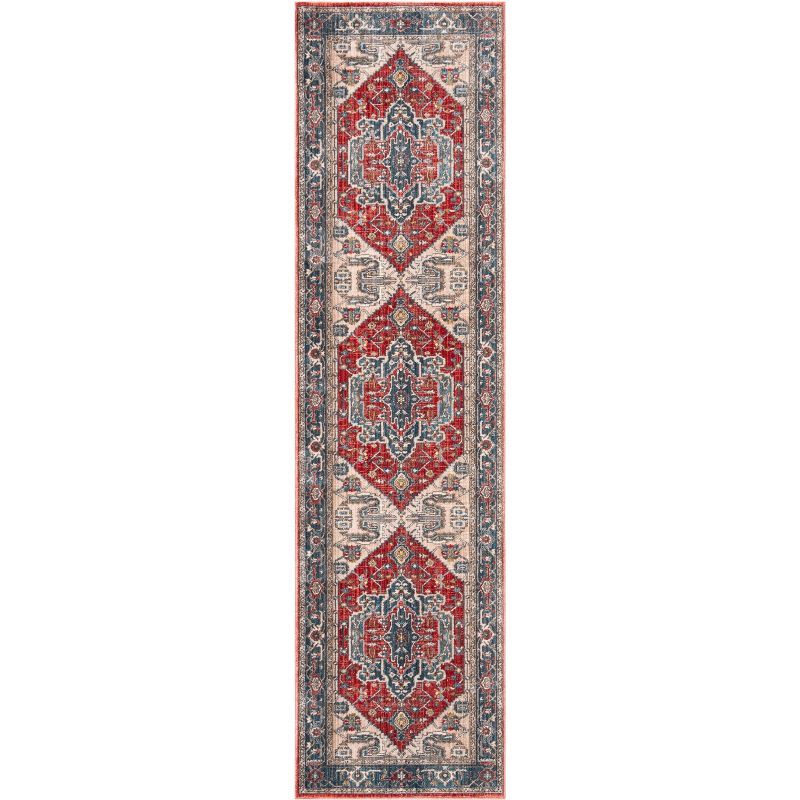 Red and Blue Floral Motif Low Pile Runner Rug