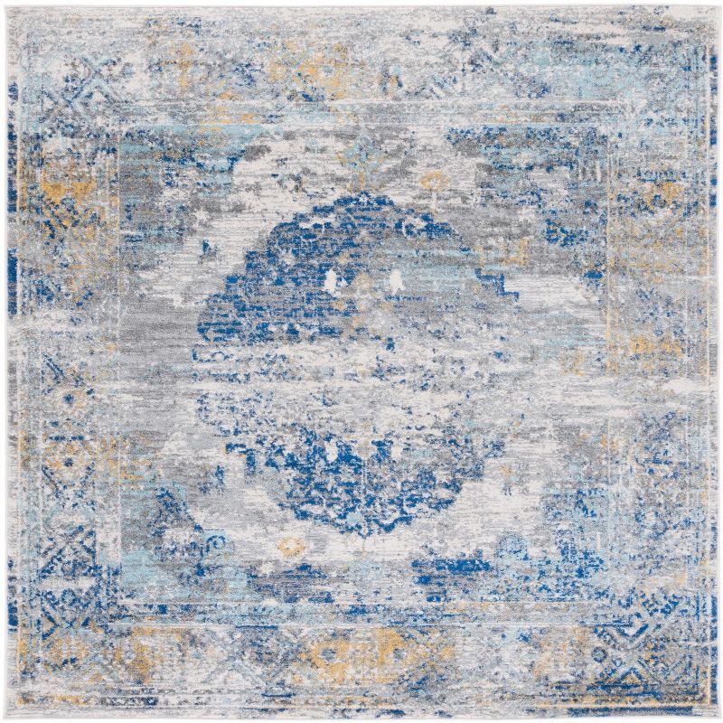 Light Gray and Blue Floral Motif Square Area Rug