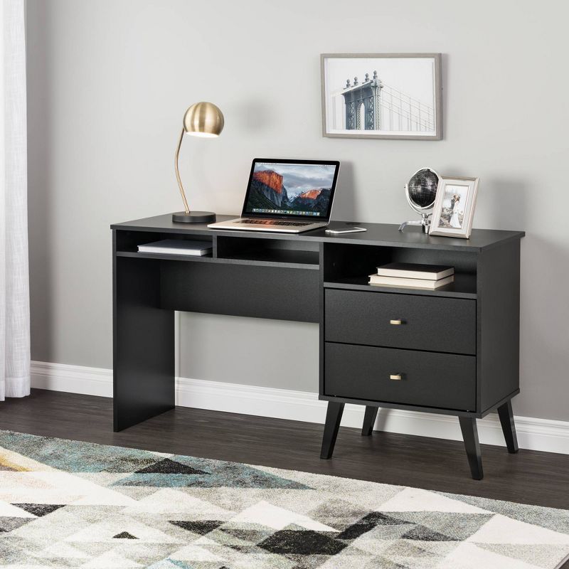 Milo Mid-Century Modern Black Desk with Brass Knobs and Storage