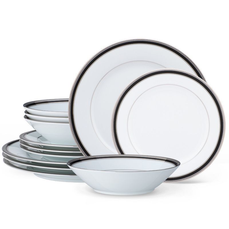 Austin Platinum 12-Piece White Porcelain Dinnerware Set with Metal Accents