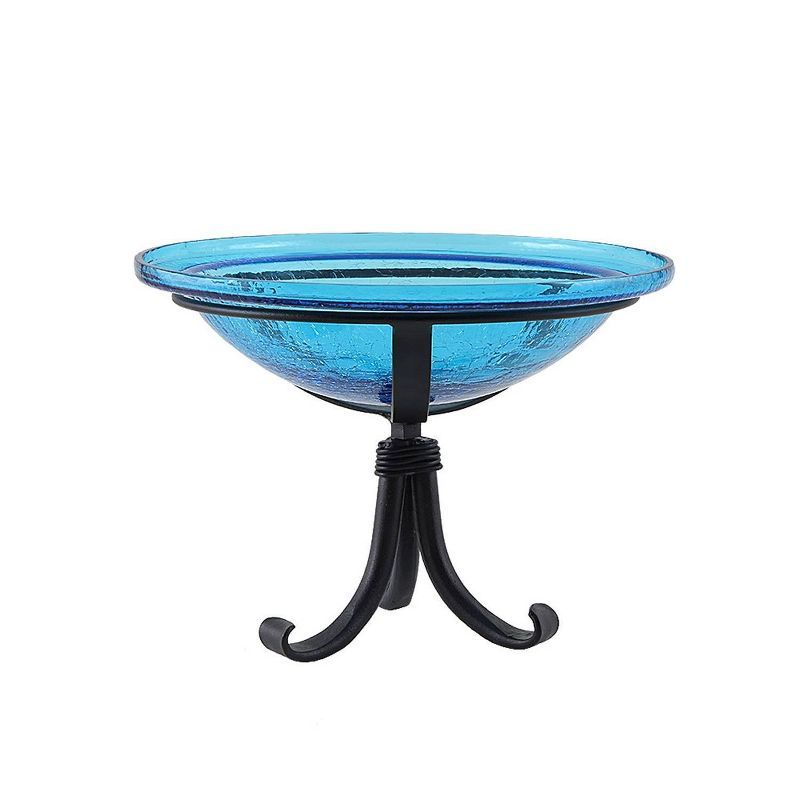 Teal Crackle Glass Birdbath with Black Wrought Iron Stand