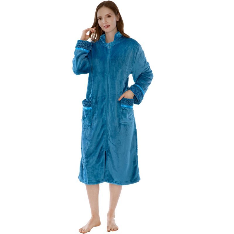 Blue Microfiber Fleece Long Sleeve Zip Robe with Pockets