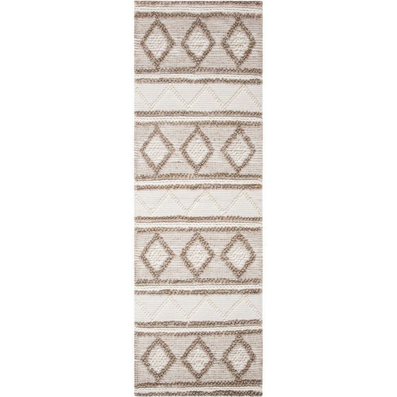 Taupe and Ivory Geometric Wool Cotton Runner Rug