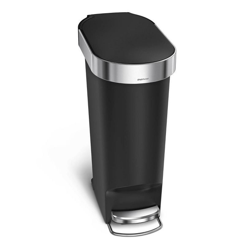 Slim Black Plastic Kitchen Step Trash Can with Stainless Steel Liner Rim