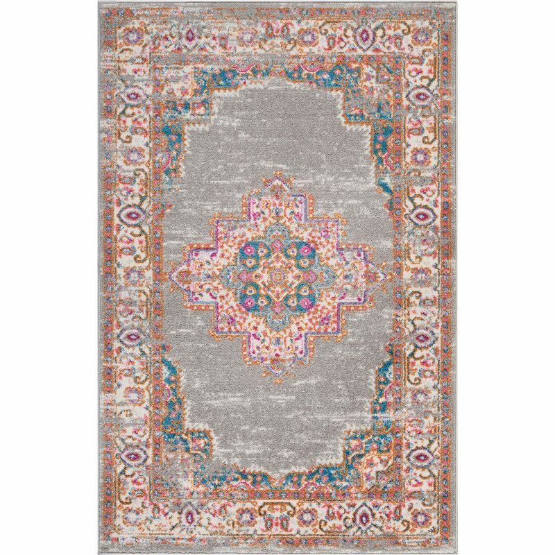 Medium Gray Geometric Synthetic Stain-resistant Rug