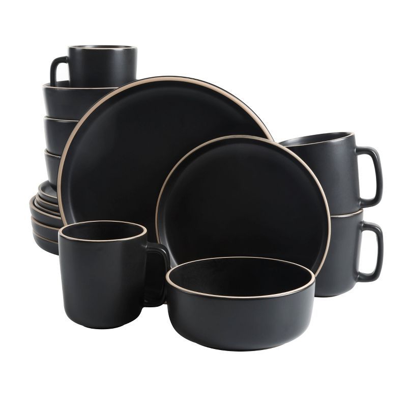Zuma Matte Black 16-Piece Modern Ceramic Dinnerware Set, Service for 4