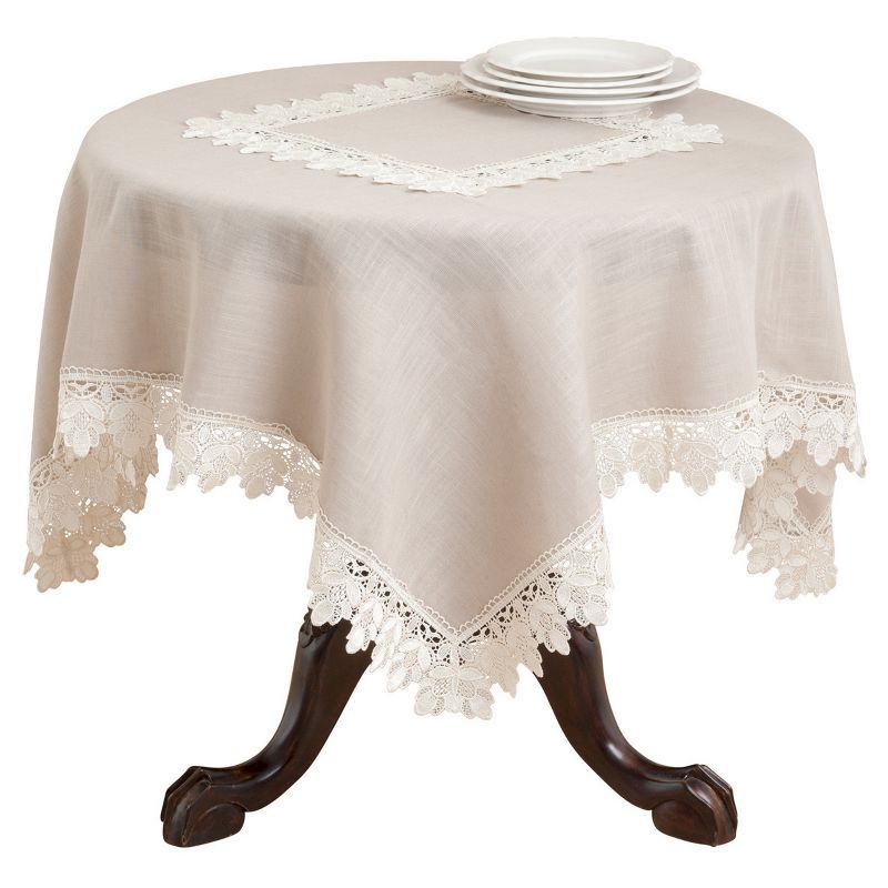 Taupe Lace Trimmed Square Polyester Tablecloth