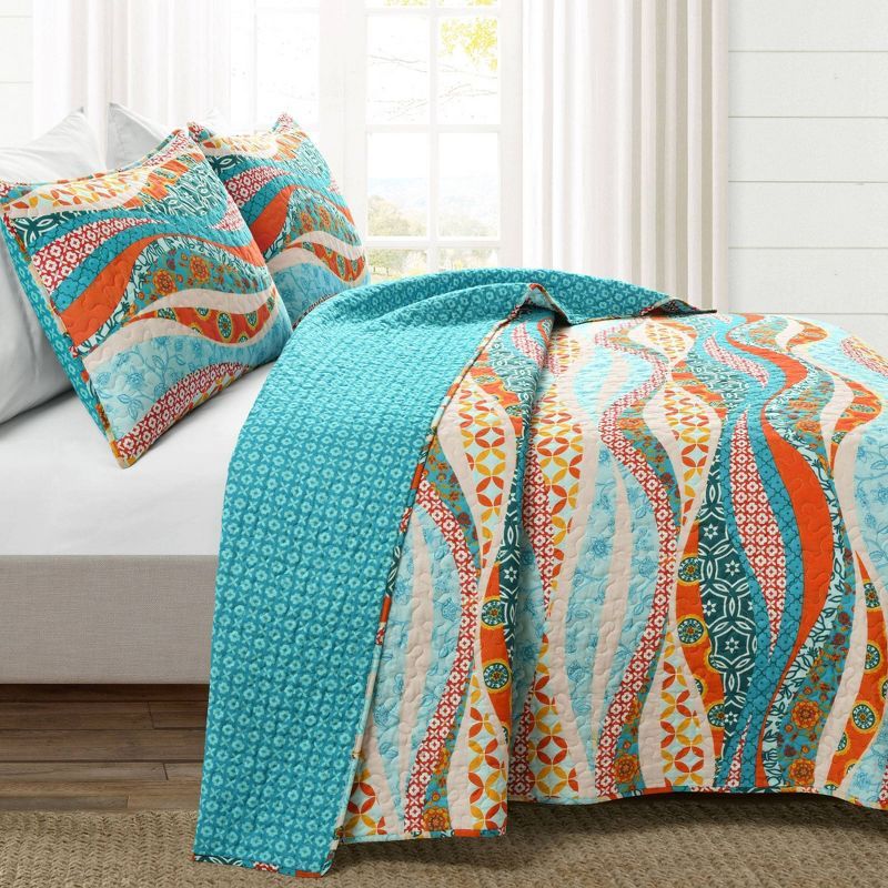 Hailey Turquoise and Orange Reversible Cotton King Quilt Set