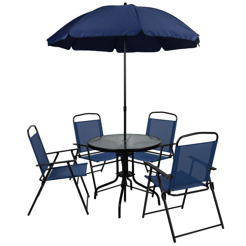 Navy 6-Piece Patio Set with Umbrella and Folding Chairs