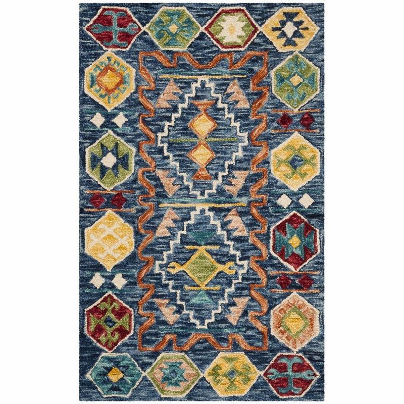 Handmade Tufted Wool Area Rug in Blue Geometric - 3' x 5'