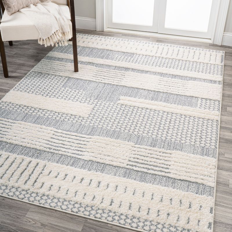 Gray and Cream Geometric High-Low Shag Area Rug