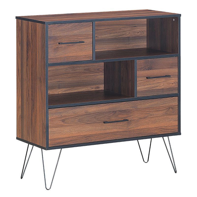 Walnut Multipurpose Sideboard Storage Cabinet with Metal Legs and Drawers