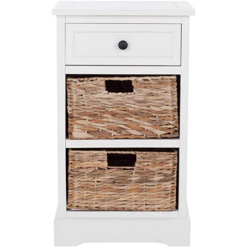 Transitional White Pine Storage Side Table with Wicker Baskets