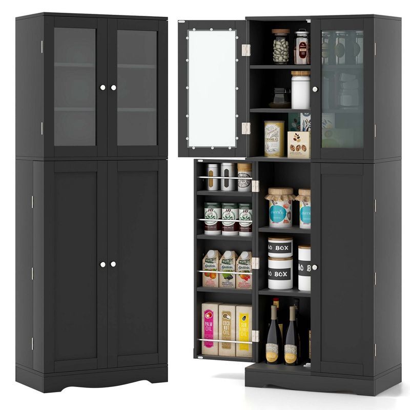 Black Tall Kitchen Pantry Storage Cabinet with Glass Doors