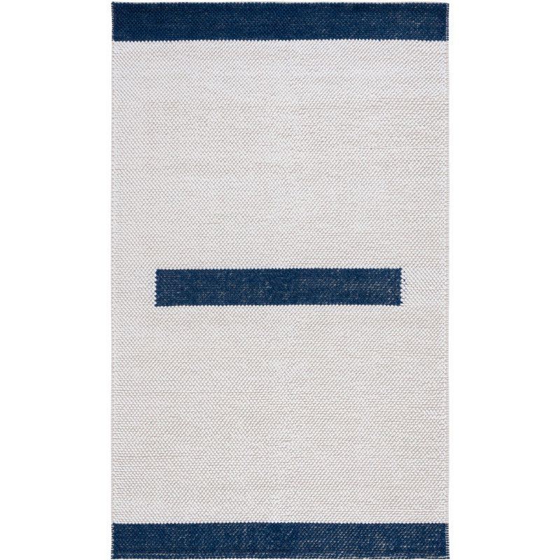 Ivory and Navy Hand-Woven Wool Area Rug 5' x 8'