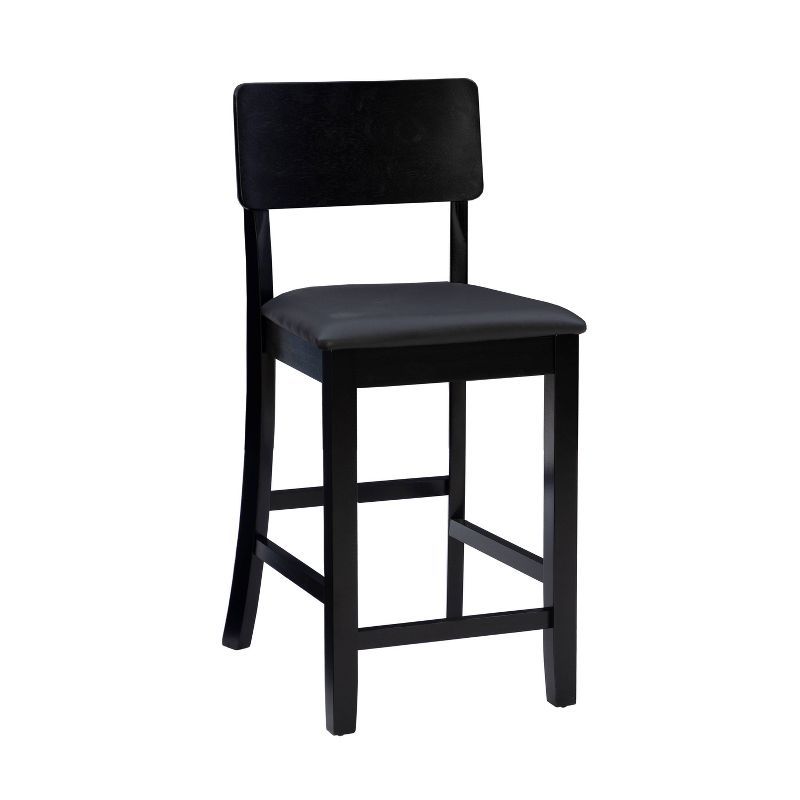 Elegant 24" Black and Cherry Wood Counter Stool with Dark Brown Faux Leather Seat