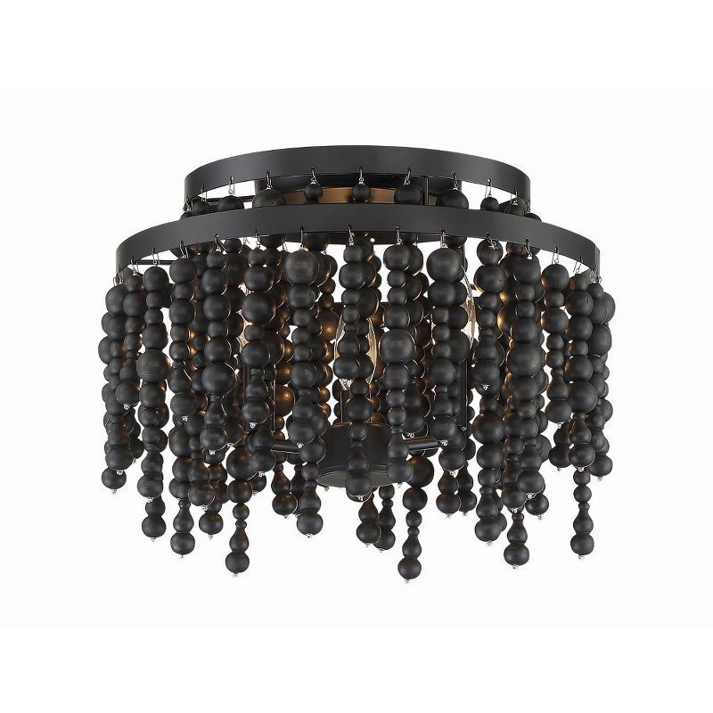 Matte Black Glass and Wood Bead 3-Light Chandelier