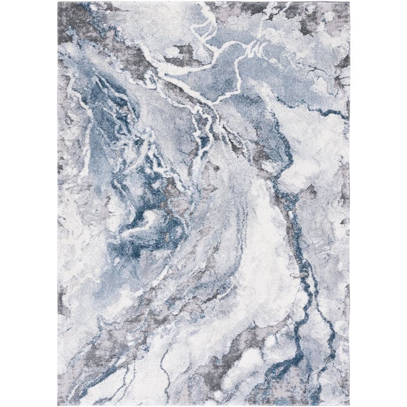 Ivory & Blue Abstract Shag Synthetic Area Rug 6'7" x 9'2"