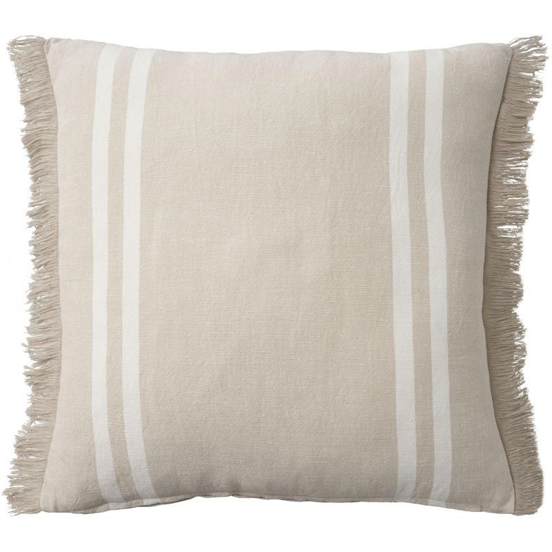 Beige Cotton Linen Striped 20" Square Throw Pillow