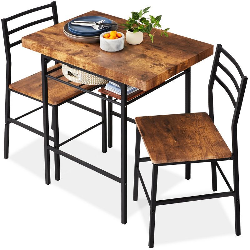 Brown Wood and Steel 3-Piece Dining Set with Storage Rack