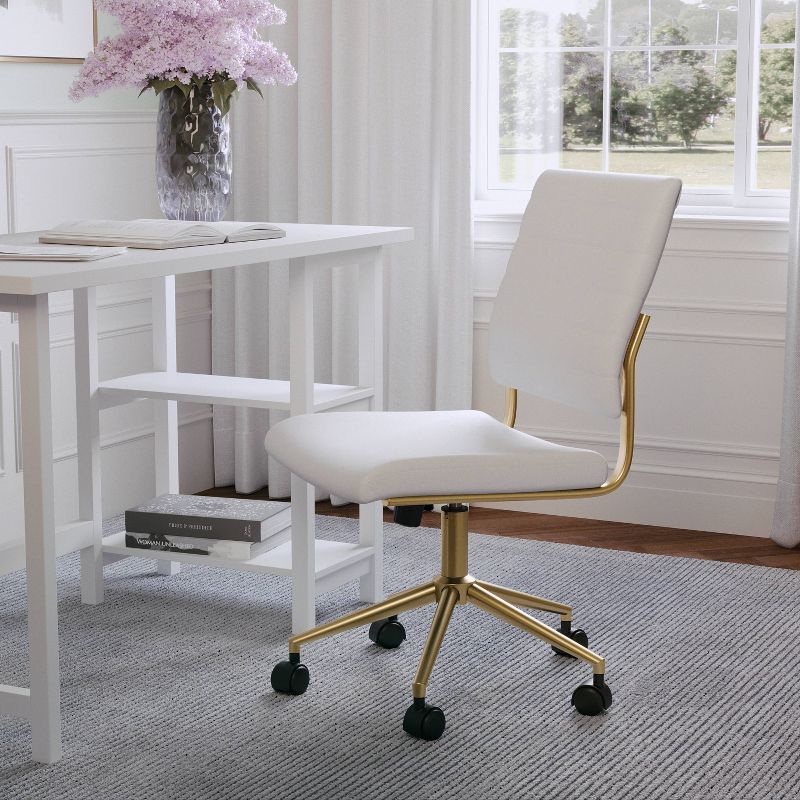 White Faux Leather Armless Swivel Office Chair with Brass Frame