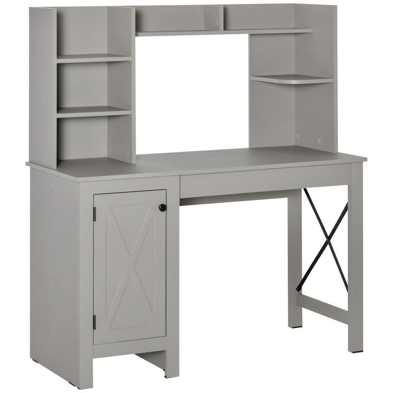 Modern Light Grey Wood Computer Desk with Hutch and Filing Cabinet