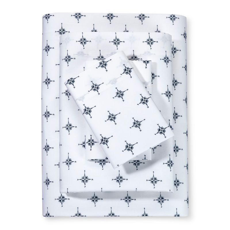 Queen Blue Compass Cotton Percale Sheet Set