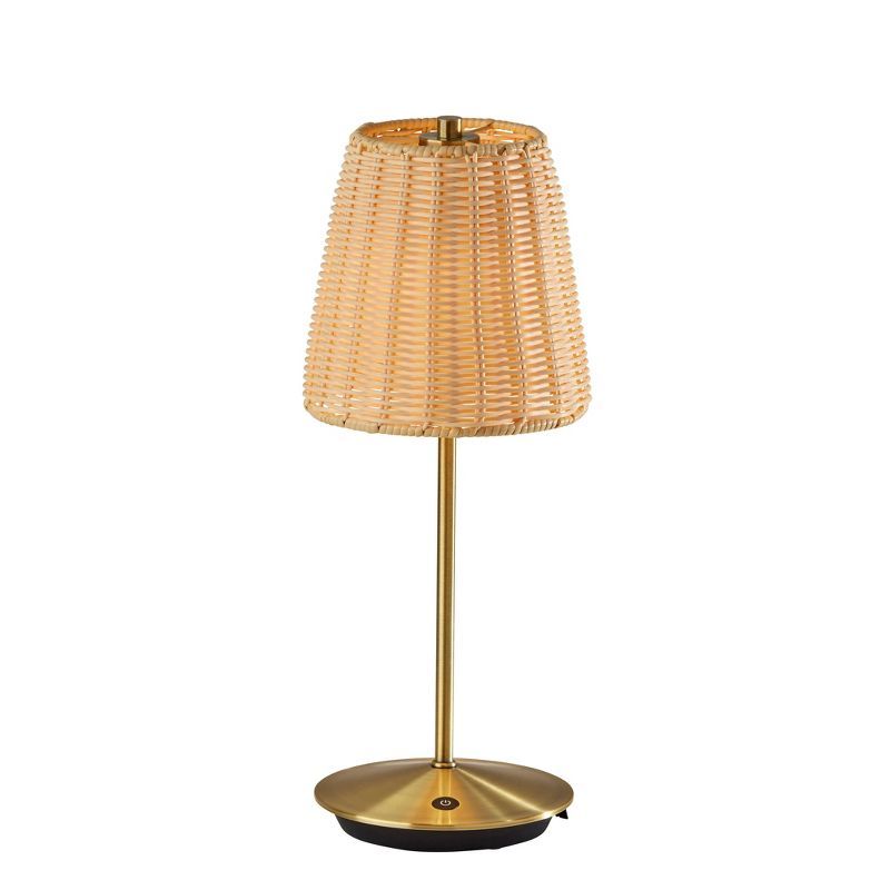 Antique Brass Cordless Table Lamp with Woven Rattan Shade