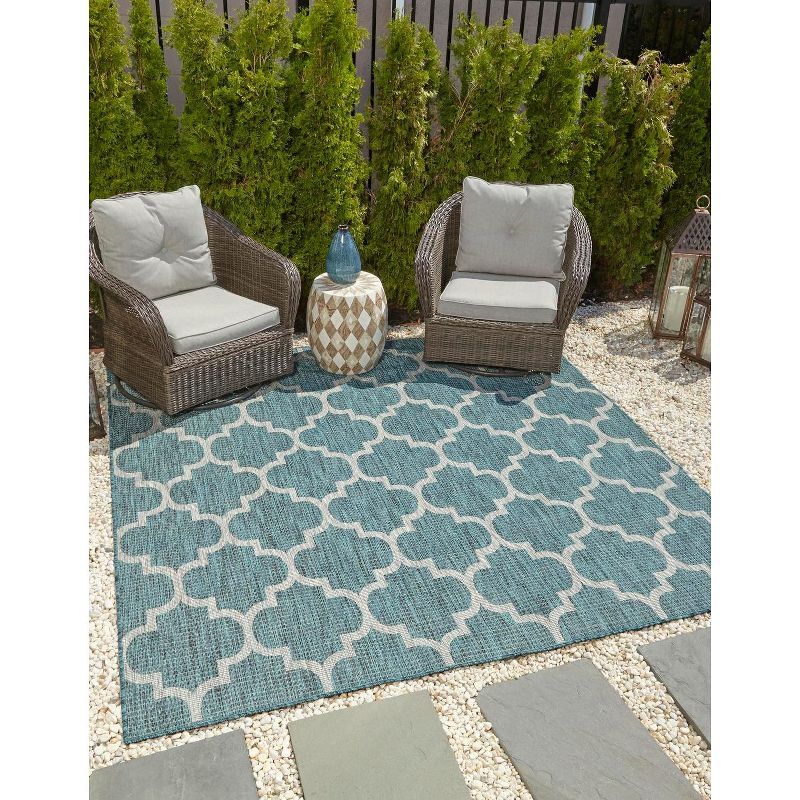 Teal & Gray Square Trellis Outdoor Rug, Easy-Care Synthetic