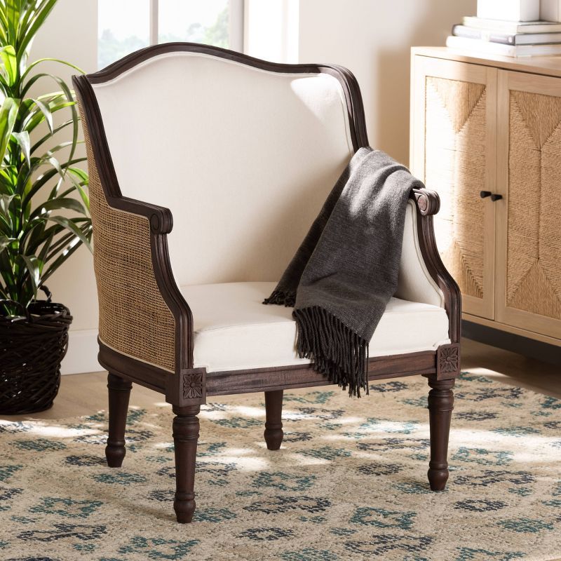 Beige and Dark Brown Carved Wood Accent Chair with Woven Rattan