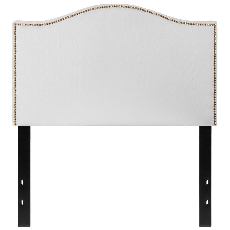 White Upholstered Twin Headboard with Brass Nail Trim