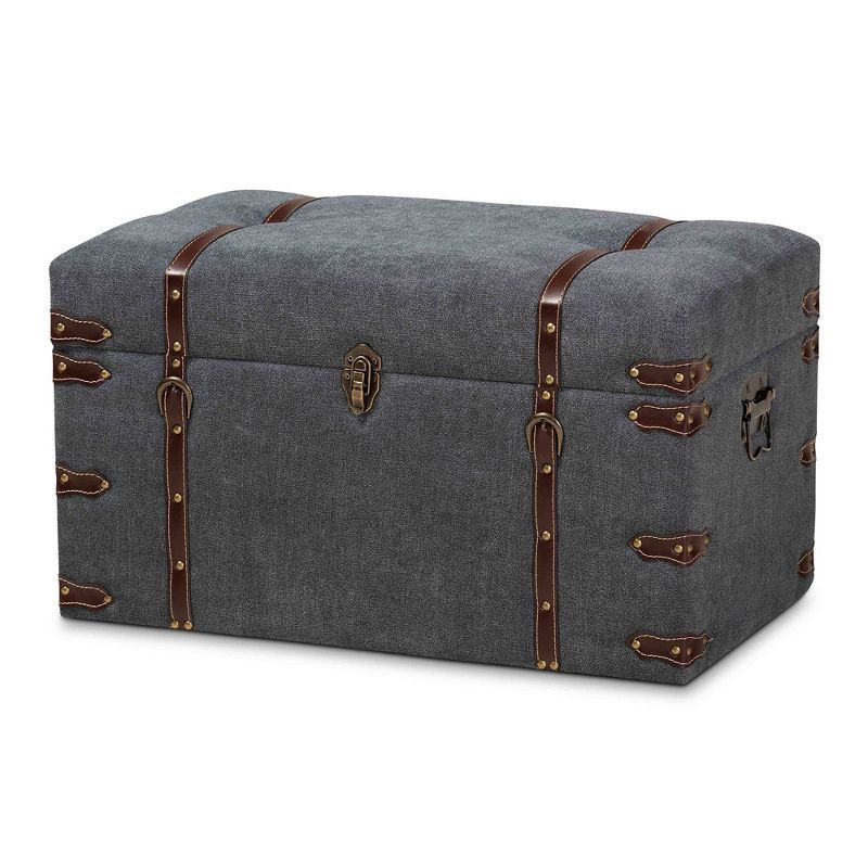 Palma Gray Fabric Upholstered Storage Trunk Ottoman with Brass Accents