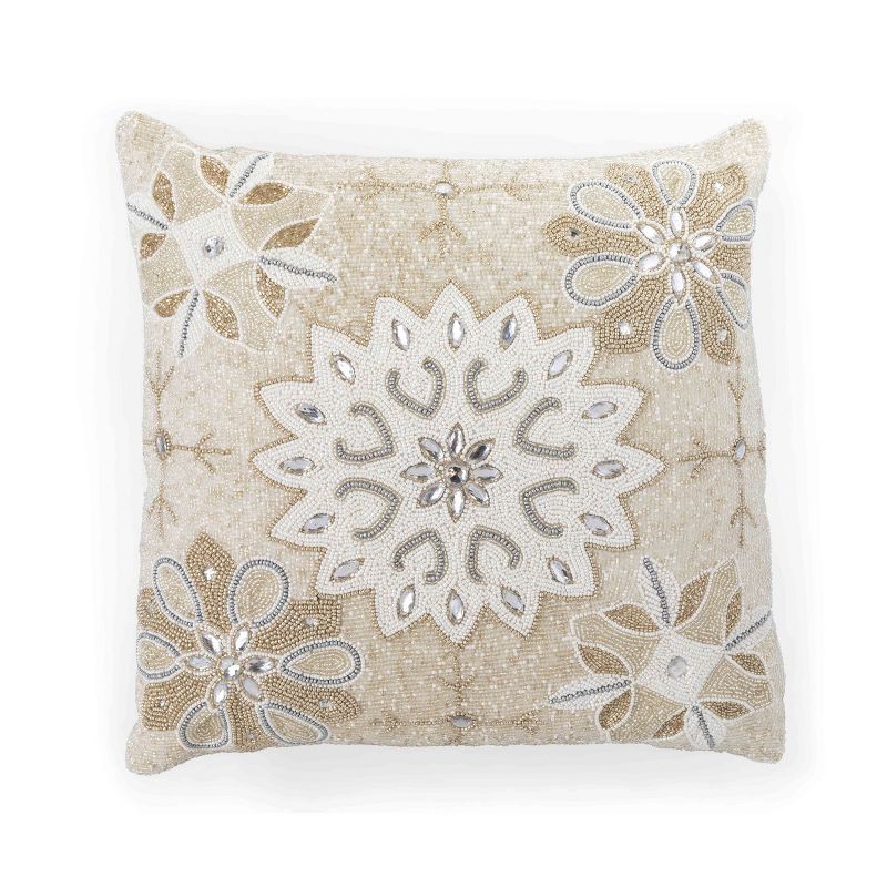 20'' Beige Embroidered Square Accent Pillow