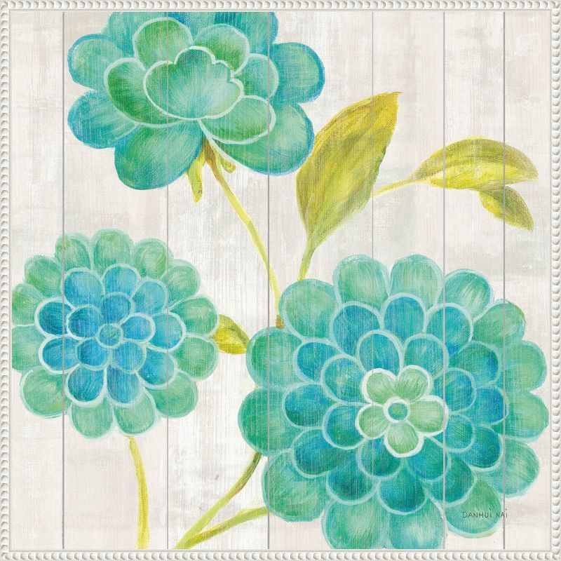 Aqua Blooms Botanical Canvas Print with White Frame, 30x30