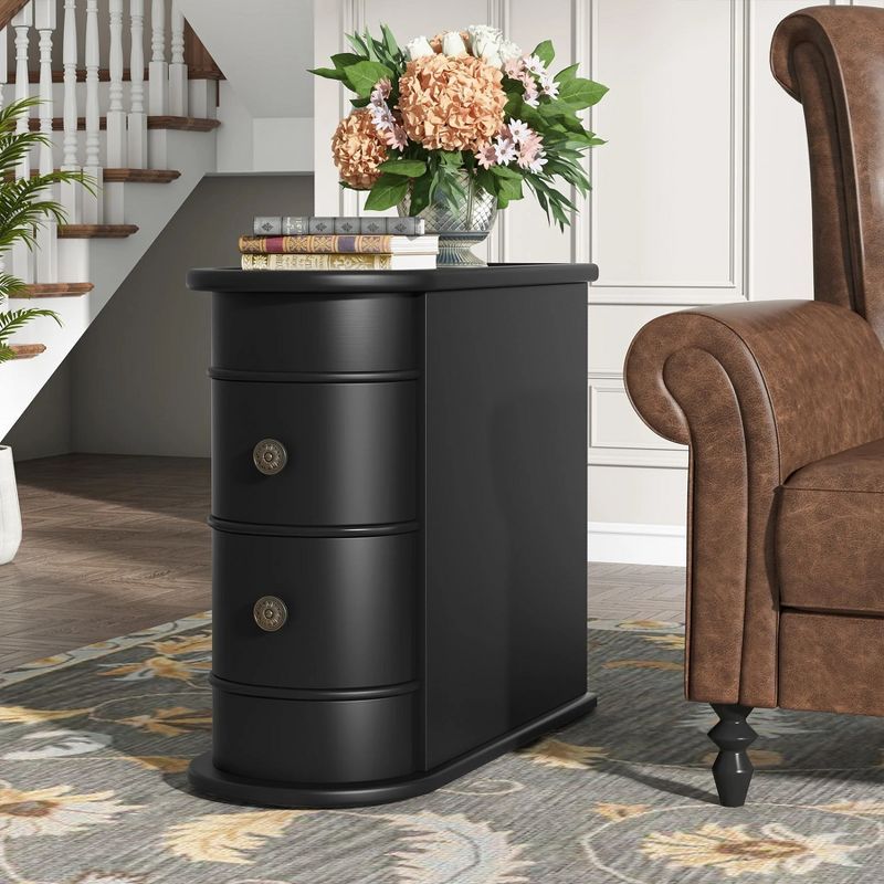 Black Wooden Slim Nightstand with 2 Drawers