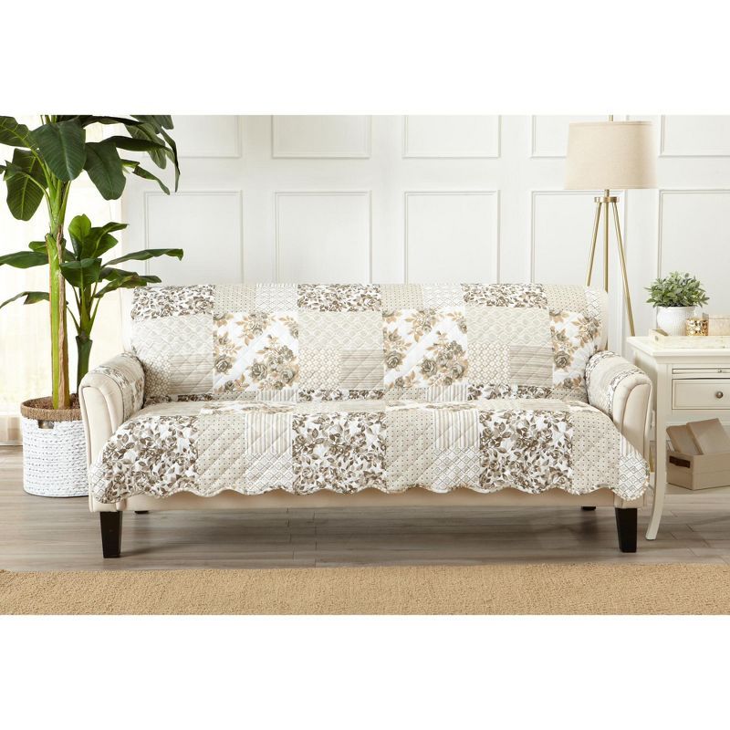 Taupe Reversible Patchwork Sofa Furniture Protector with Scalloped Edges