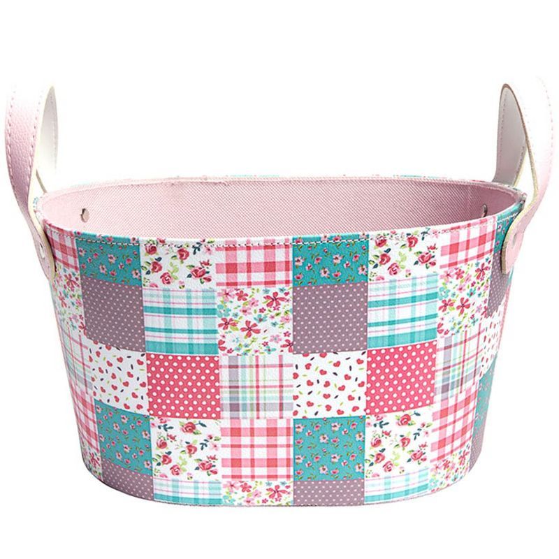 Patchwork Rectangular Fabric Storage Basket with Handles