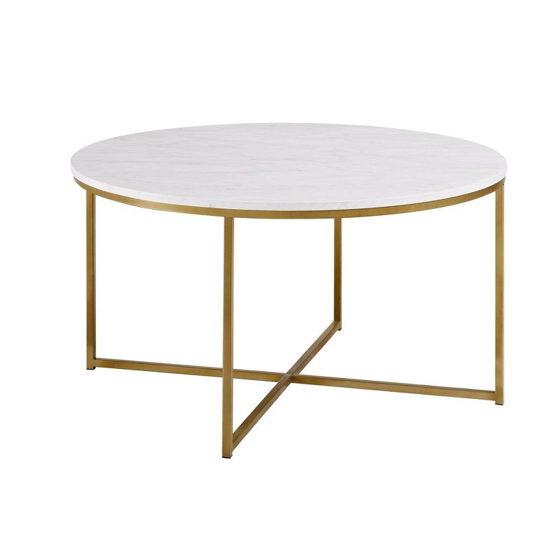 Round White Faux Marble and Gold Metal Coffee Table