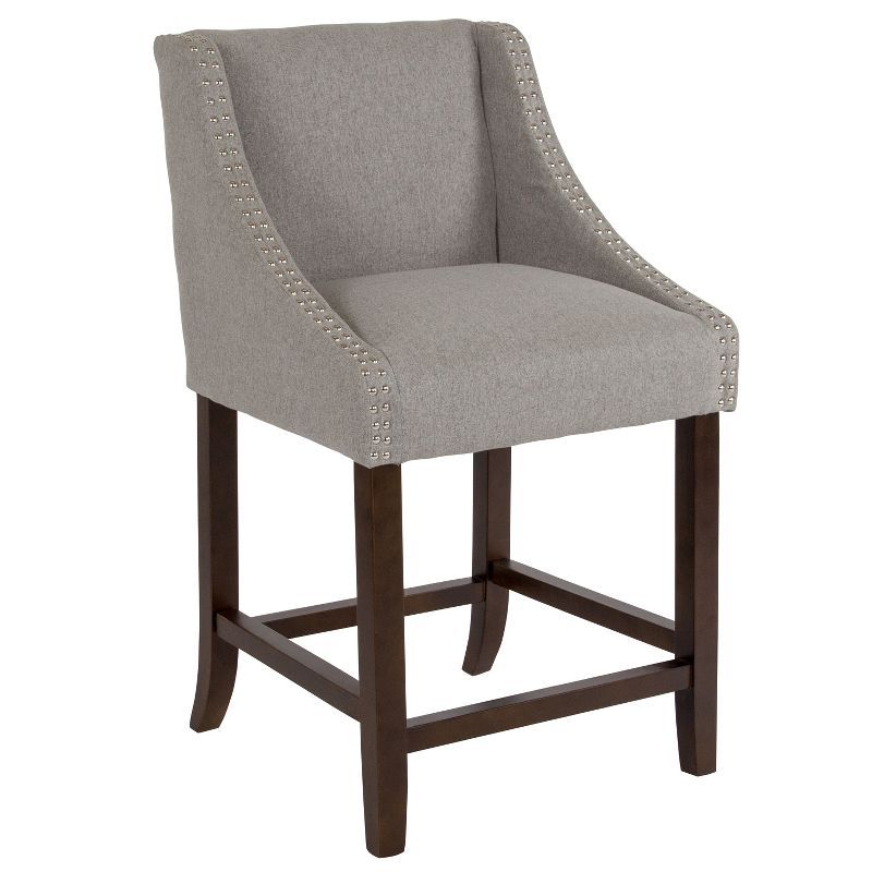 Walnut Swivel Counter Height Stool with Light Gray Fabric and Nailhead Trim