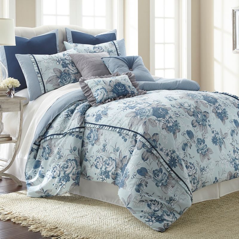 Blue Floral Microfiber Queen Reversible Comforter Set