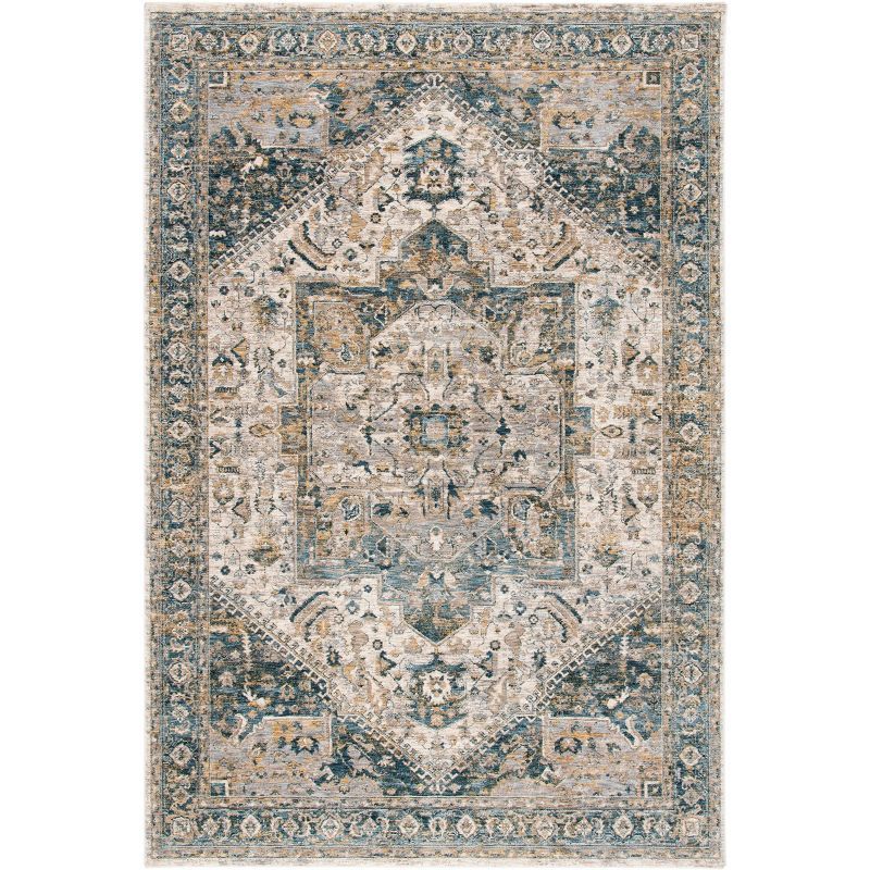 Ivory and Blue Hand-Knotted Synthetic Rectangular Area Rug