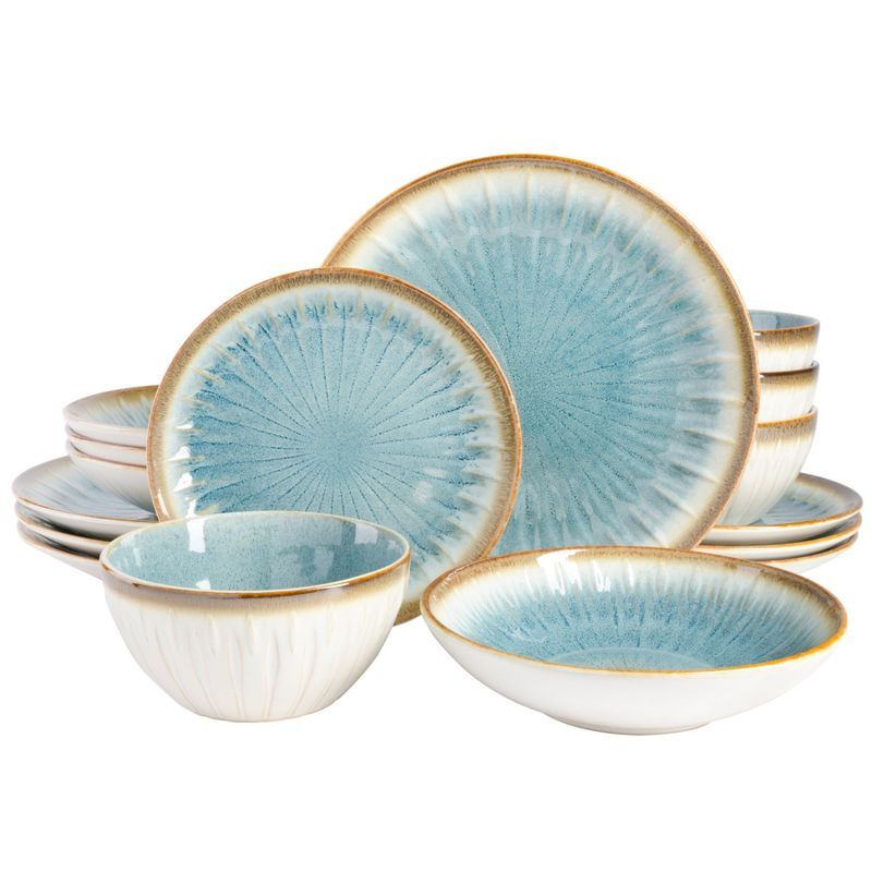 Light Blue Ceramic 16-Piece Embossed Dinnerware Set