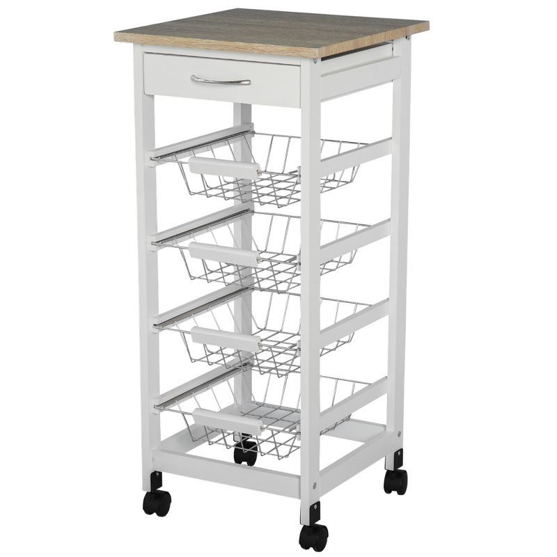 White Wood Kitchen Cart with Storage and Spice Rack