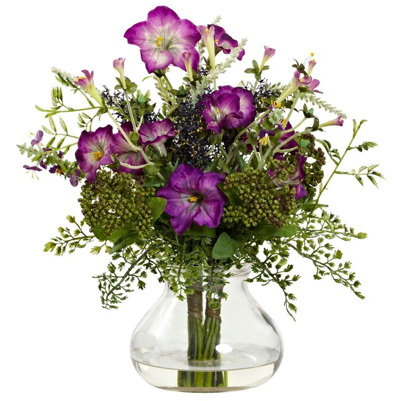 Purple and Violet Silk Morning Glory Arrangement in Glass Vase