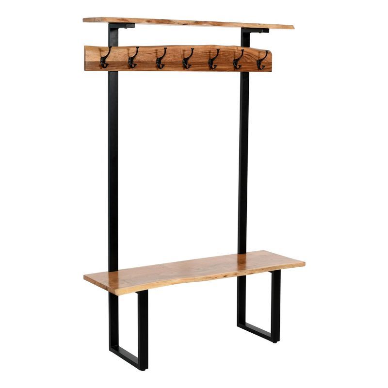 Natural Acacia Wood Hall Tree with Metal Hooks and Shelves