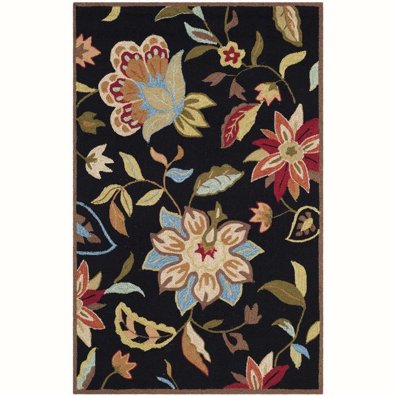 Handmade Black Floral Easy-Care Rectangular Area Rug