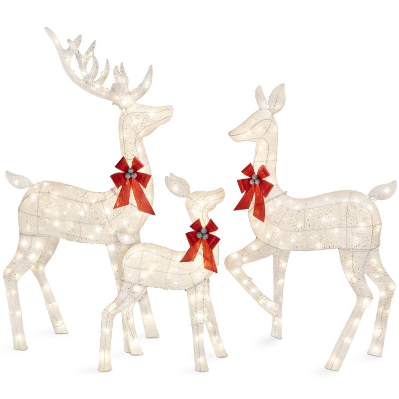 White Lighted Christmas Deer Family Set with Red Bows